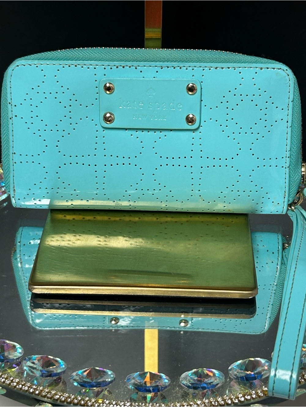 kate spade Patent Leather Zip Wristlet Wallet - Turquoise Approx. 6.5 x 3.5